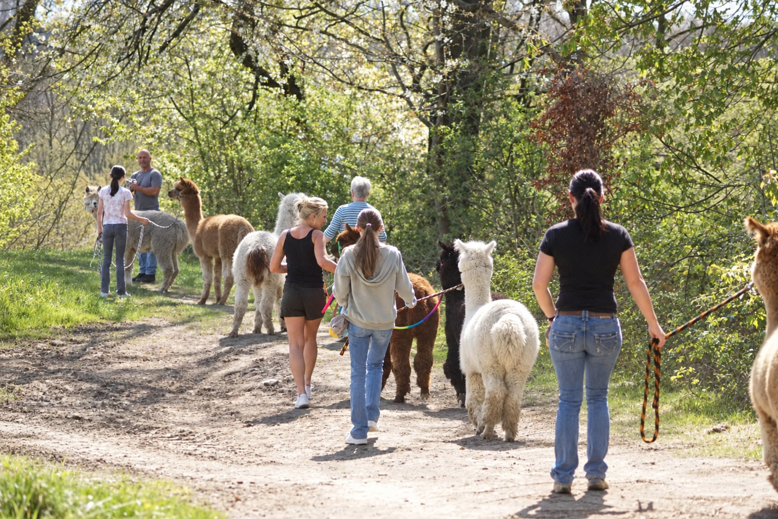 Start alpakawanderung auf dem waldweg
